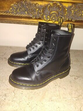 Dr. Martens 1460 Black Leather 8-Eye Combat Boots with Yellow Stitching